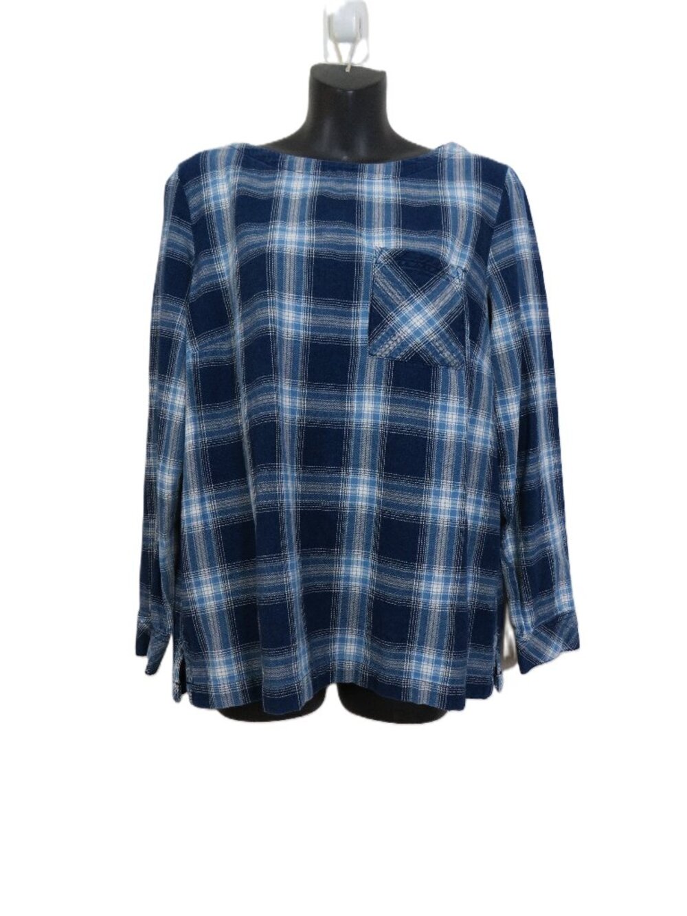 J Jill Sz Medium Blue Cotton Plaid Top Long Sleeve Button Back Detail Windowpane